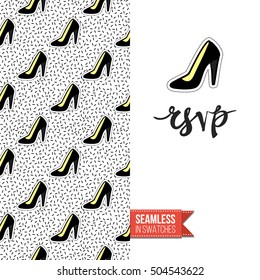 Patch style greeting card for modern fashion girl, inspired by 80s-90s comic symbolism. Seamless pattern with stylized badge on one side. On another inscription: rsvp. Vector template.