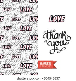 Patch style greeting card for modern fashion girl, inspired by 80s-90s comic symbolism. Seamless pattern with stylized badge on one side. On another inscription: thank you. Vector template.