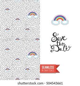 Patch style greeting card for modern fashion girl, inspired by 80s-90s comic symbolism. Seamless pattern with stylized badge on one side. On another inscription: save the date. Vector template.