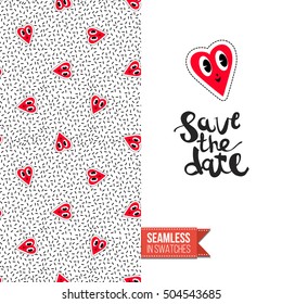 Patch style greeting card for modern fashion girl, inspired by 80s-90s comic symbolism. Seamless pattern with stylized badge on one side. On another inscription: save the date. Vector template.