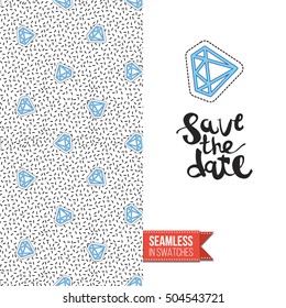 Patch style greeting card for modern fashion girl, inspired by 80s-90s comic symbolism. Seamless pattern with stylized badge on one side. On another inscription: save the date. Vector template.