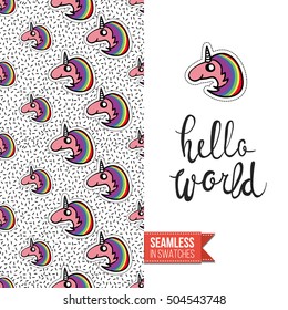 Patch style greeting card for modern fashion girl, inspired by 80s-90s comic symbolism. Seamless pattern with stylized badge on one side. On another inscription: hello world. Vector template.