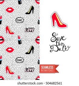 Patch style greeting card for modern fashion girl, inspired by 80s-90s comic symbolism. Seamless pattern with stylized badge on one side. On another inscription: save the date. Vector template.