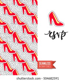 Patch style greeting card for modern fashion girl, inspired by 80s-90s comic symbolism. Seamless pattern with stylized badge on one side. On another inscription: rsvp. Vector template.