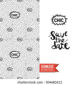 Patch style greeting card for modern fashion girl, inspired by 80s-90s comic symbolism. Seamless pattern with stylized badge on one side. On another inscription: save the date. Vector template.