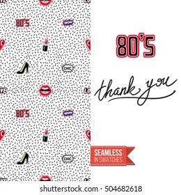 Patch style greeting card for modern fashion girl, inspired by 80s-90s comic symbolism. Seamless pattern with stylized badge on one side. On another inscription: thank you. Vector template.