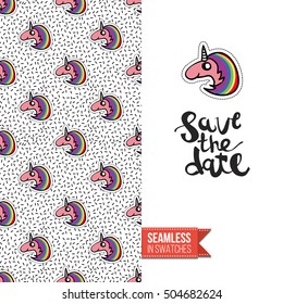 Patch style greeting card for modern fashion girl, inspired by 80s-90s comic symbolism. Seamless pattern with stylized badge on one side. On another inscription: save the date. Vector template.