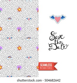 Patch style greeting card for modern fashion girl, inspired by 80s-90s comic symbolism. Seamless pattern with stylized badge on one side. On another inscription: save the date. Vector template.