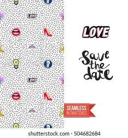 Patch style greeting card for modern fashion girl, inspired by 80s-90s comic symbolism. Seamless pattern with stylized badge on one side. On another inscription: save the date. Vector template.
