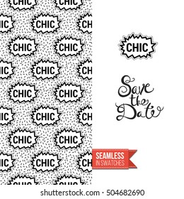 Patch style greeting card for modern fashion girl, inspired by 80s-90s comic symbolism. Seamless pattern with stylized badge on one side. On another inscription: save the date. Vector template.