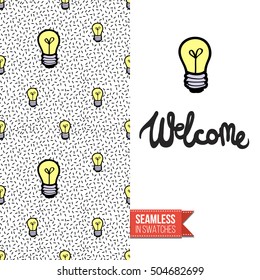 Patch style greeting card for modern fashion girl, inspired by 80s-90s comic symbolism. Seamless pattern with stylized badge on one side. On another inscription: welcome. Vector template.