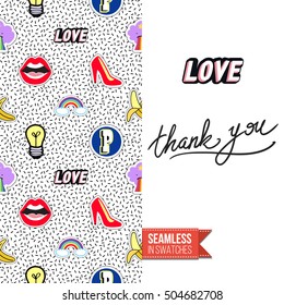Patch style greeting card for modern fashion girl, inspired by 80s-90s comic symbolism. Seamless pattern with stylized badge on one side. On another inscription: thank you. Vector template.