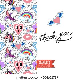 Patch style greeting card for modern fashion girl, inspired by 80s-90s comic symbolism. Seamless pattern with stylized badge on one side. On another inscription: thank you. Vector template.