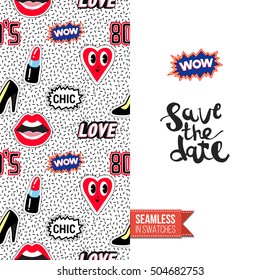 Patch style greeting card for modern fashion girl, inspired by 80s-90s comic symbolism. Seamless pattern with stylized badge on one side. On another inscription: save the date. Vector template.