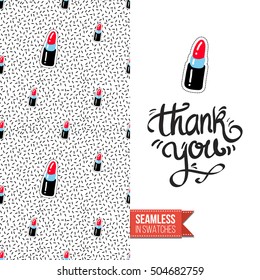 Patch style greeting card for modern fashion girl, inspired by 80s-90s comic symbolism. Seamless pattern with stylized badge on one side. On another inscription: thank you. Vector template.