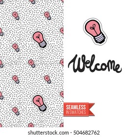 Patch style greeting card for modern fashion girl, inspired by 80s-90s comic symbolism. Seamless pattern with stylized badge on one side. On another inscription: welcome. Vector template.