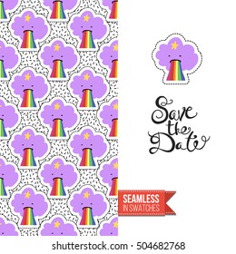 Patch style greeting card for modern fashion girl, inspired by 80s-90s comic symbolism. Seamless pattern with stylized badge on one side. On another inscription: save the date. Vector template.