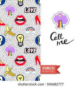 Patch style greeting card for modern fashion girl, inspired by 80s-90s comic symbolism. Seamless pattern with stylized badge on one side. On another inscription: call me. Vector template.