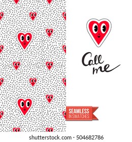 Patch style greeting card for modern fashion girl, inspired by 80s-90s comic symbolism. Seamless pattern with stylized badge on one side. On another inscription: call me. Vector template.
