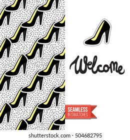 Patch style greeting card for modern fashion girl, inspired by 80s-90s comic symbolism. Seamless pattern with stylized badge on one side. On another inscription: welcome. Vector template.