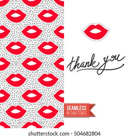 Patch style greeting card for modern fashion girl, inspired by 80s-90s comic symbolism. Seamless pattern with stylized badge on one side. On another inscription: thank you. Vector template.