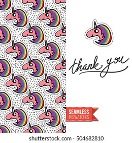 Patch style greeting card for modern fashion girl, inspired by 80s-90s comic symbolism. Seamless pattern with stylized badge on one side. On another inscription: thank you. Vector template.