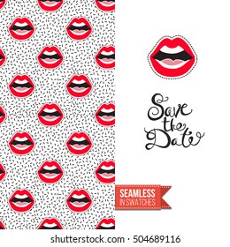 Patch style greeting card for modern fashion girl, inspired by 80s-90s comic symbolism. Seamless pattern with stylized badge on one side. On another inscription: save the date. Vector template.