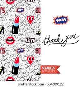 Patch style greeting card for modern fashion girl, inspired by 80s-90s comic symbolism. Seamless pattern with stylized badge on one side. On another inscription: thank you. Vector template.
