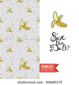 Patch style greeting card for modern fashion girl, inspired by 80s-90s comic symbolism. Seamless pattern with stylized badge on one side. On another inscription: save the date. Vector template.