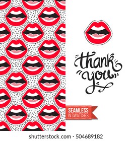Patch style greeting card for modern fashion girl, inspired by 80s-90s comic symbolism. Seamless pattern with stylized badge on one side. On another inscription: thank you. Vector template.
