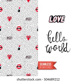Patch style greeting card for modern fashion girl, inspired by 80s-90s comic symbolism. Seamless pattern with stylized badge on one side. On another inscription: hello world. Vector template.