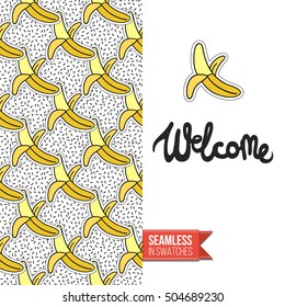 Patch style greeting card for modern fashion girl, inspired by 80s-90s comic symbolism. Seamless pattern with stylized badge on one side. On another inscription: welcome. Vector template.