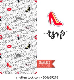 Patch style greeting card for modern fashion girl, inspired by 80s-90s comic symbolism. Seamless pattern with stylized badge on one side. On another inscription: rsvp. Vector template.