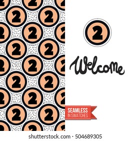 Patch style greeting card for modern fashion girl, inspired by 80s-90s comic symbolism. Seamless pattern with stylized badge on one side. On another inscription: welcome. Vector template.