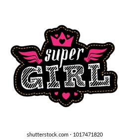 Patch for t-shirt with inscription Super. Fashion badge with crown, wings and hearts. Vector design element, sticker or patches in vintage style. T-shirt apparels cool print for girls.