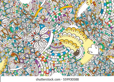 Patched doodle background pattern. Design ornate, tribal pattern. Simple colored background for coloring books.