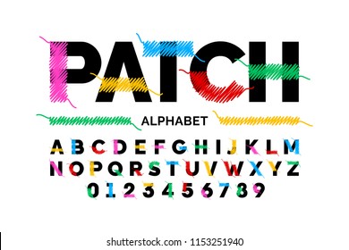 Patched font stitched with thread, embroidery font alphabet letters and numbers vector illustration