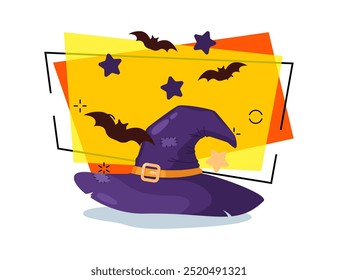 Patched with hat vector illustration. Flying bats and stars on abstract background. Halloween banner design. Celebration, party, holiday concept. Can be used for poster or invitation