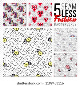 Patches or badges pattern set. Collection of seamless backdrops with cartoon comic stickers and pins in style of 80s. Decorative elements for bags, dresses and clothes.
