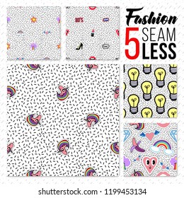 Patches or badges pattern set. Collection of seamless backdrops with cartoon comic stickers and pins in style of 80s. Decorative elements for bags, dresses and clothes.
