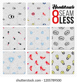 Patches or badges pattern set. Collection of seamless backdrops with cartoon comic stickers and pins in style of 80s. Decorative elements for bags, dresses and clothes.
