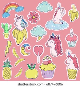 Patches, badges, stickers with banana,cactus,rainbow,apple,lightning,cloud,flower,unicorn and etc.Cute retro style.Vector illustration isolated on pink background.
