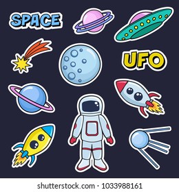 Patches cute set with space cosmonaut planets rockets spaceships moon ufo comet satellite and stars on black background. Fashion stickers, cartoon 80s-90s style. Vector illustration