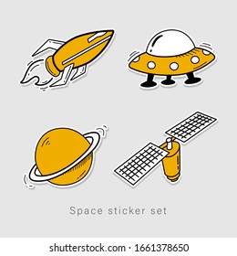 Patches cute set with space cosmonaut planets rockets spaceships. Fashion stickers. Vector illustration. 