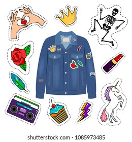 Patches denim jacket. Fashion 80s or nineties style denim shirt with chic patch collection like metal rock music and lipstick, rose and princess crown princess stickers