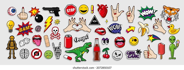 Patches design. Retro clothing badges. Vector funny emblems.