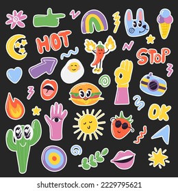 Patches design. Retro clothing badges. Cute sticker template decorated with cartoon image and trendy lettering. Signs, symbols, objects for scheduler or organizer