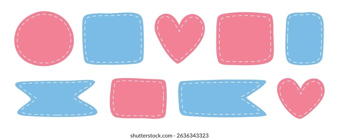 patches different shapes with dotted line set. Cute pastel templates, place for text or photo frames. Girl and boy birth frame. Decorative vector elements. Blue and pink dotted patches. Vector