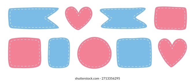parches de diferentes Formas con el conjunto de líneas punteadas. Lindas Plantillas pastel, lugar para marcos de texto o fotos. Marco de nacimiento de niña y niño. Elementos de Vector decorativos. Parches punteados azules y rosados. Vector