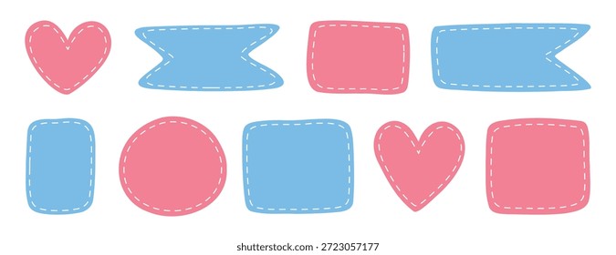 parches de diferentes Formas con el conjunto de líneas punteadas. Lindas Plantillas pastel, lugar para marcos de texto o fotos. Marco de nacimiento de niña y niño. Elementos de Vector decorativos. Parches punteados azules y rosados. Vector